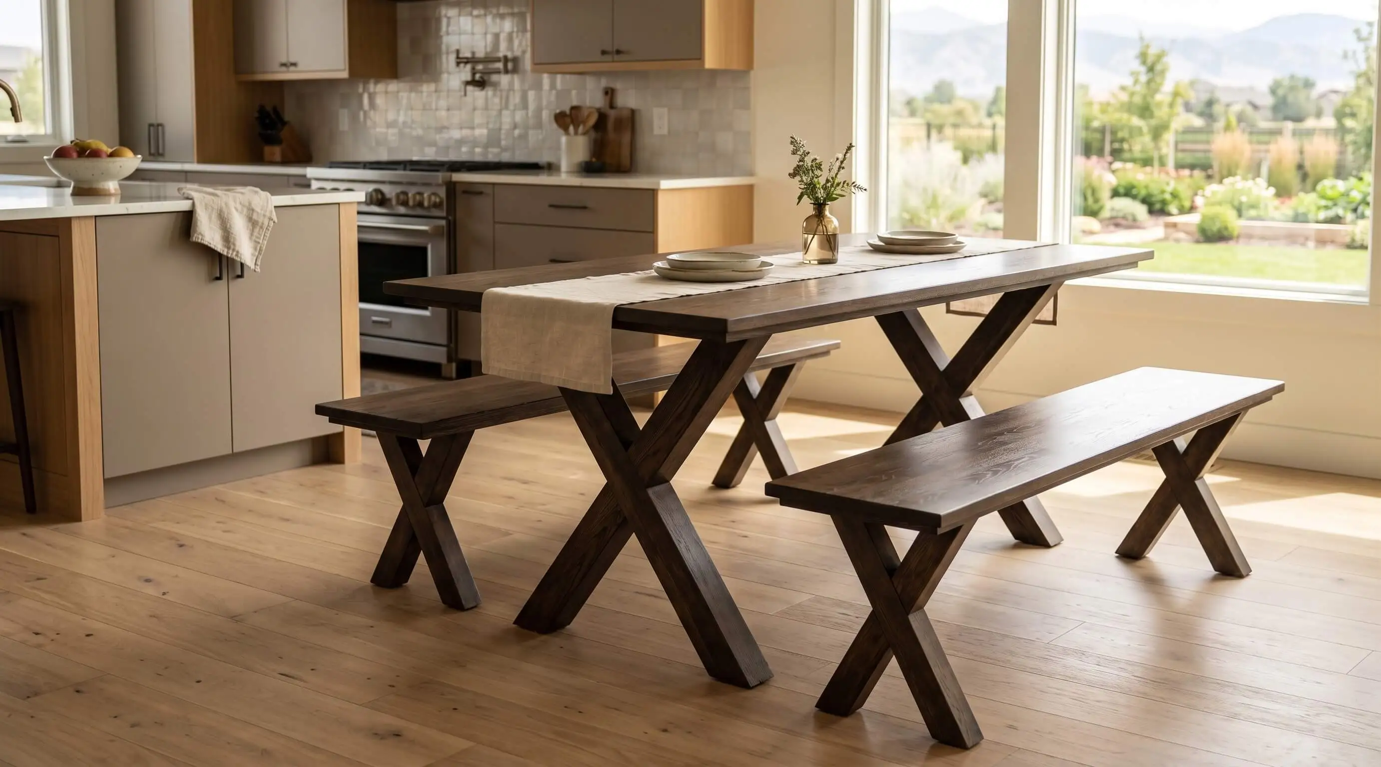 AI-assisted photorealistic concept rendering of dark oak trestle table set in a dining room