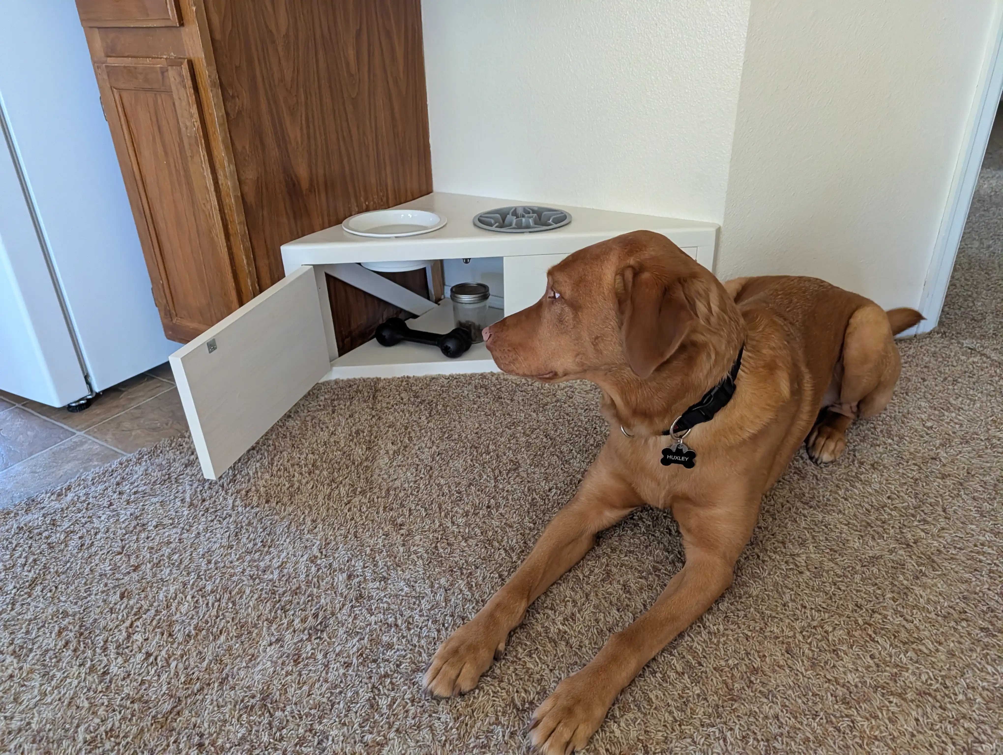 Custom corner dog bowl holder with solid wood top