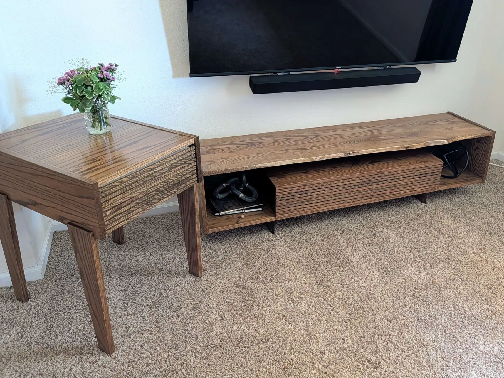 Custom solid hardwood TV stand and matching side table set