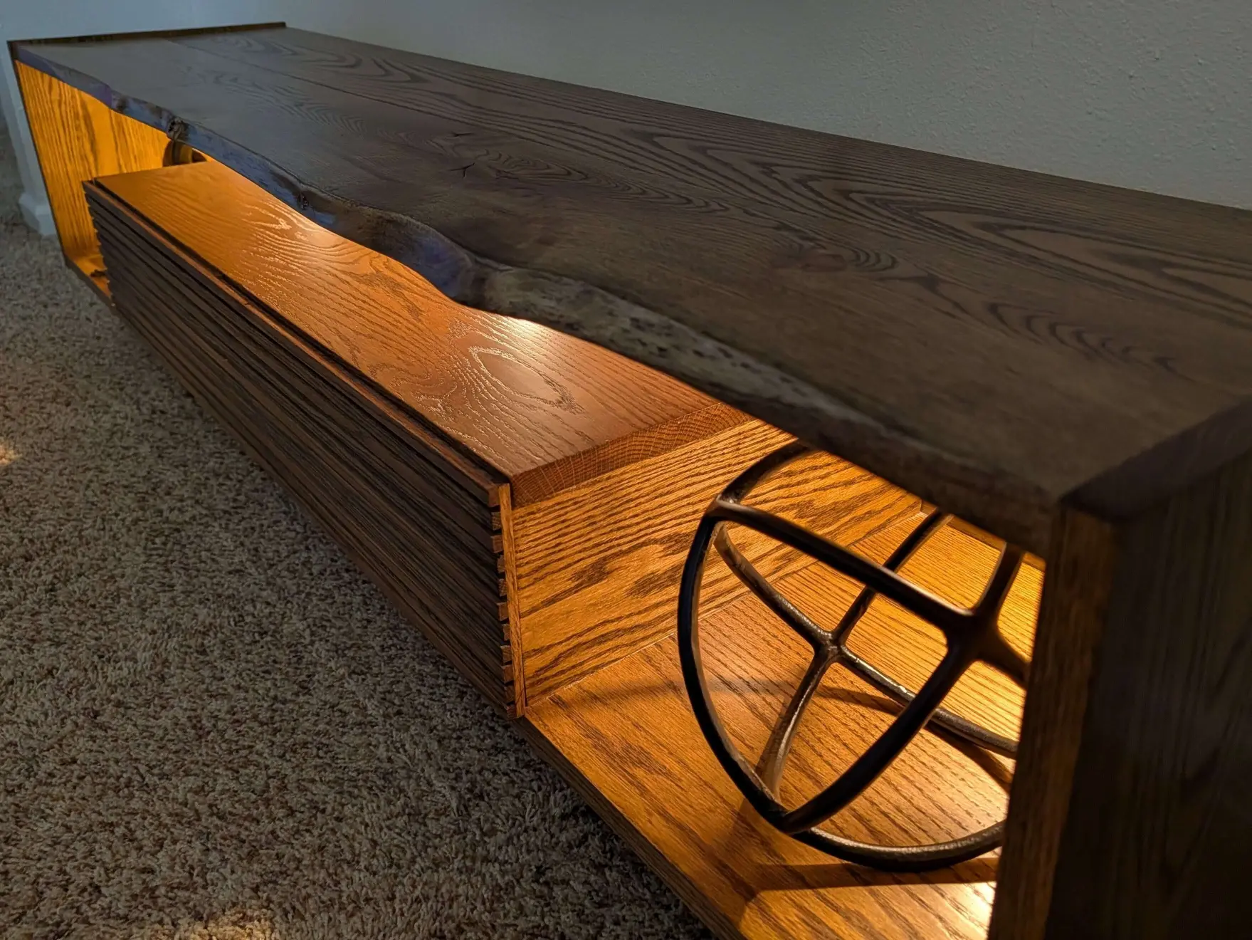 Custom wood TV stand with enclosed media storage