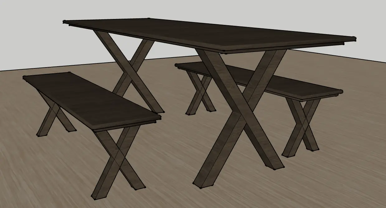 3D CAD Structural Model of Red Oak X-Frame Trestle Dining Table and Benches