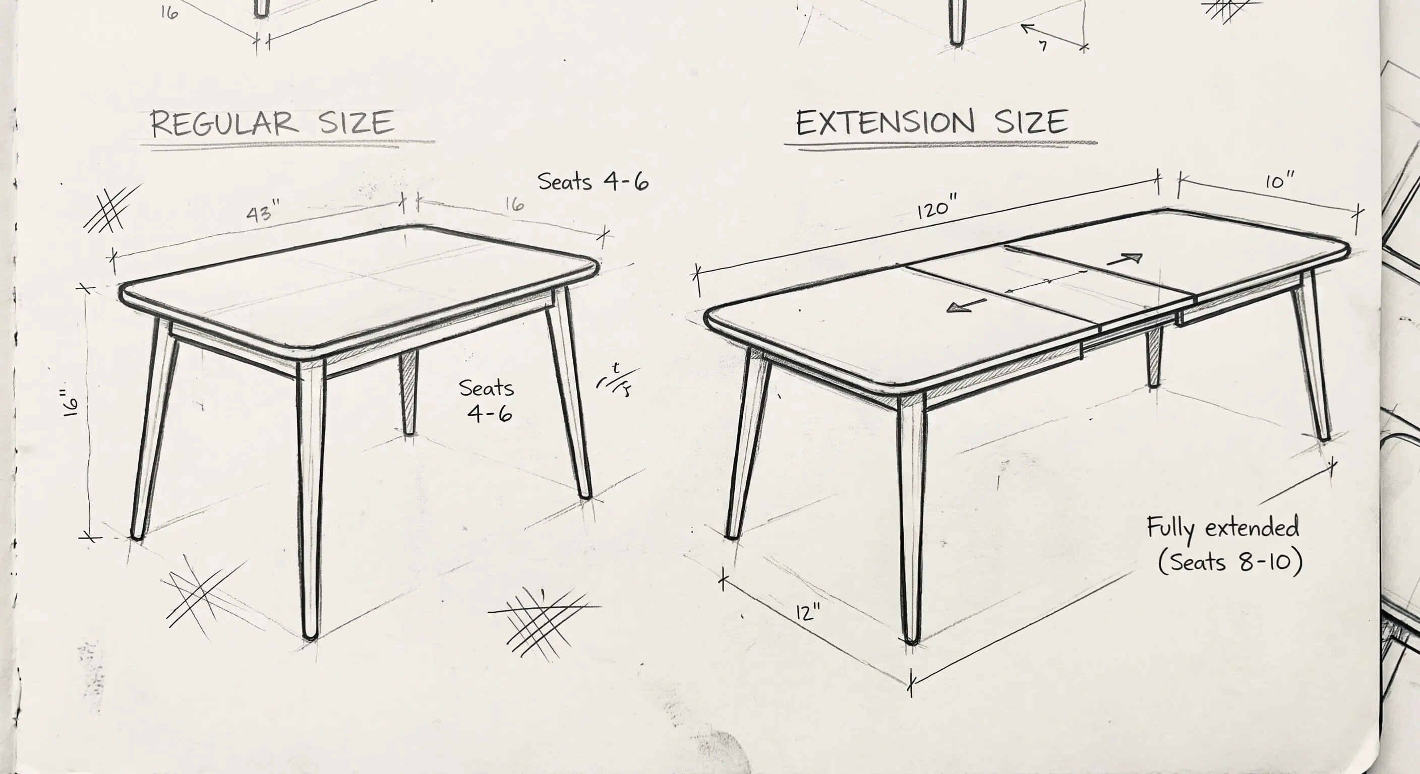 Detailed engineering sketch of custom wooden dining table extension mechanism