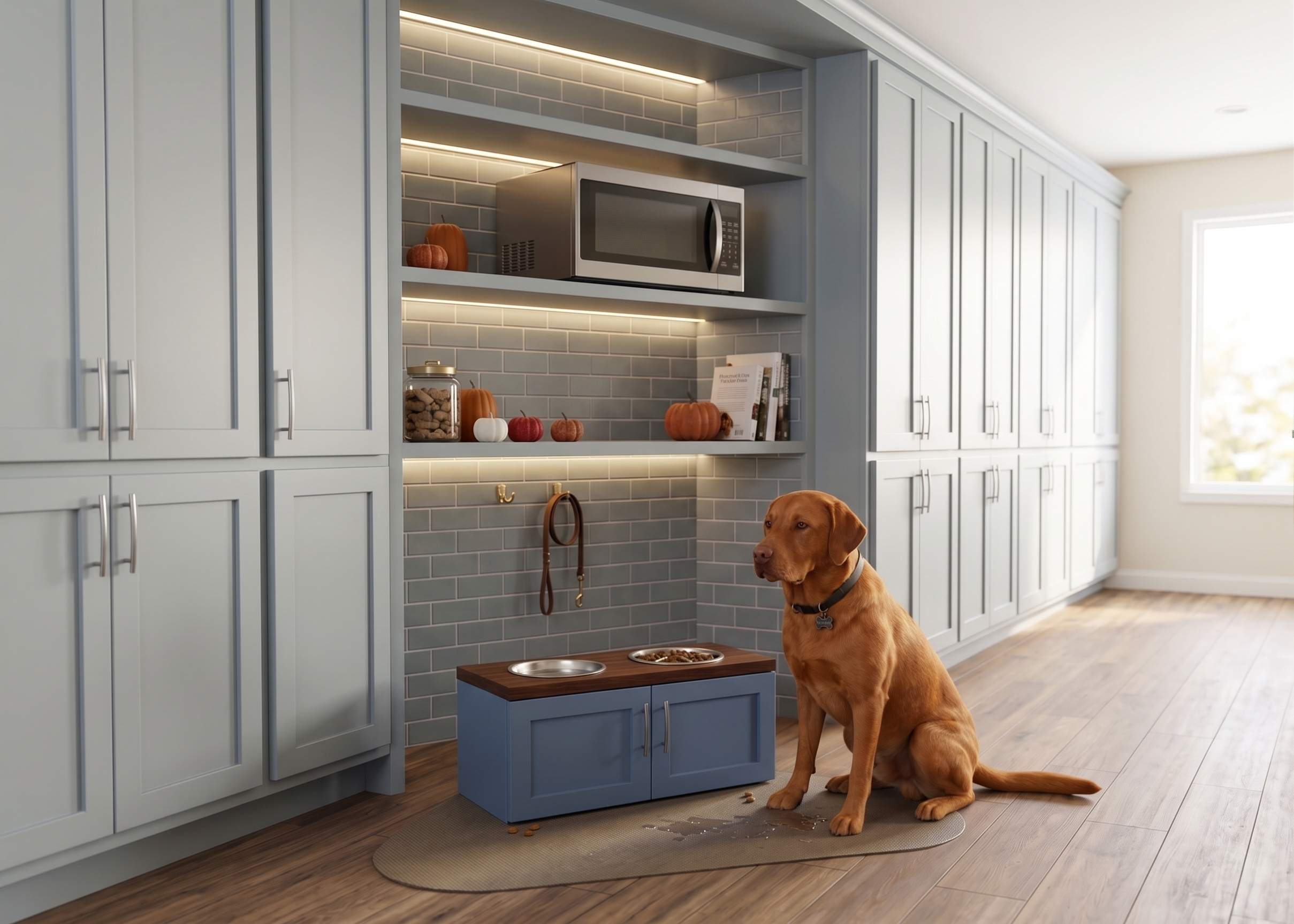 3D concept rendering of an elevated hardwood dog bowl holder