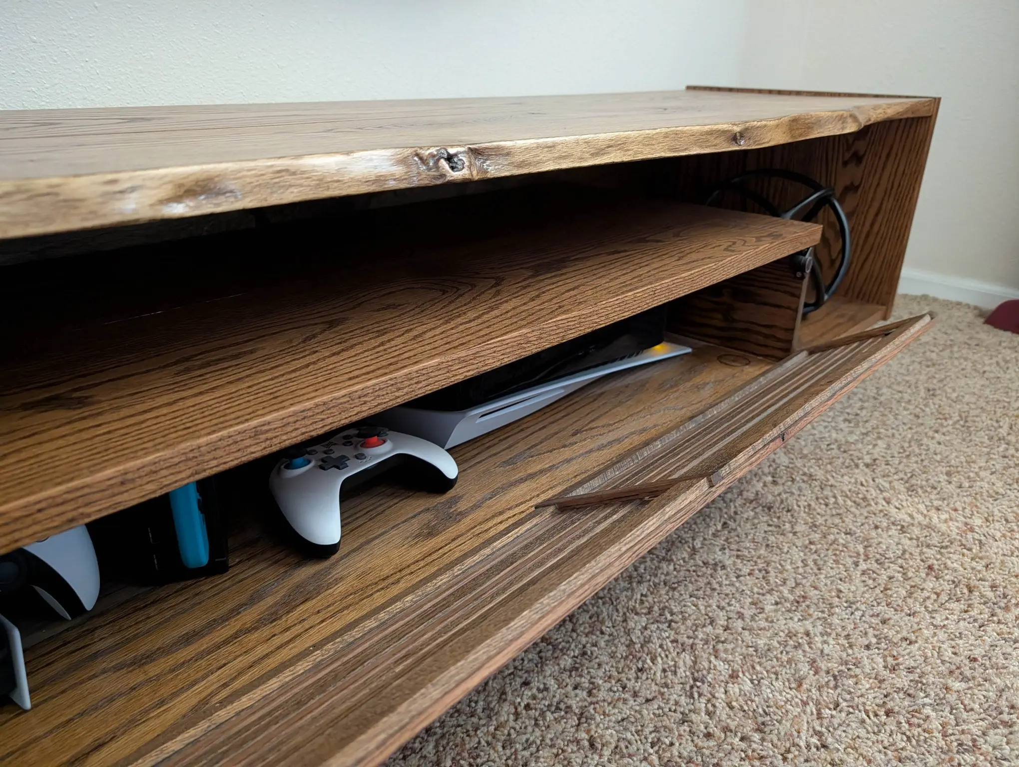 Live-edge TV stand with custom storage drawers