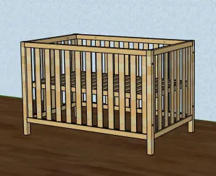 Complimentary 3D CAD design mockup for custom hard maple nursery crib newborn mattress position