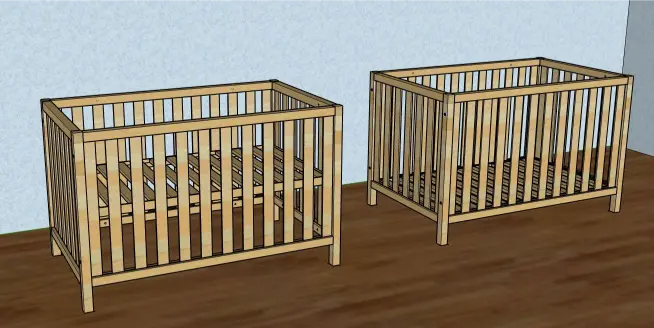 Complimentary 3D CAD design mockup for custom hard maple nursery crib adjustable frame