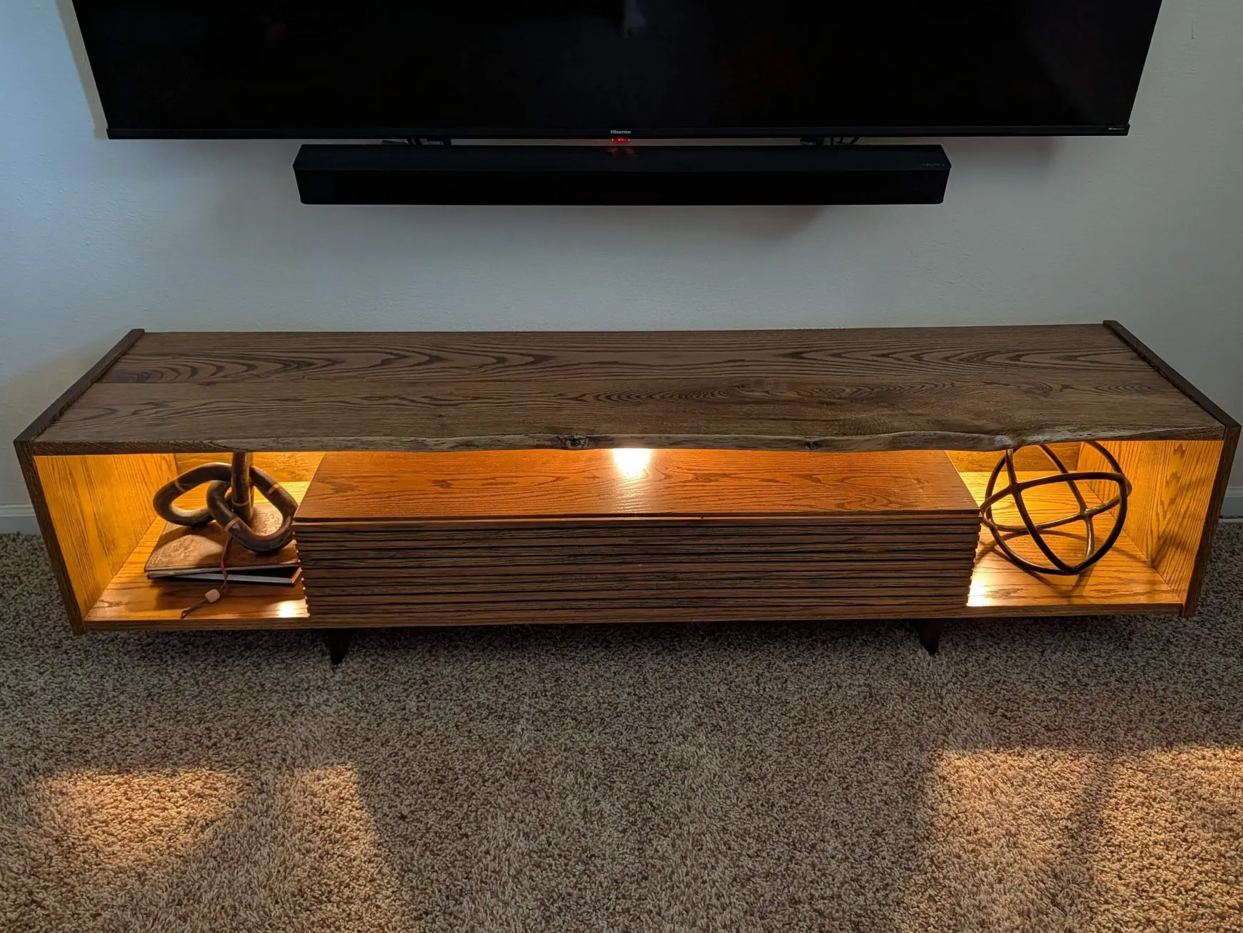 Live-edge TV stand with integrated lighting
